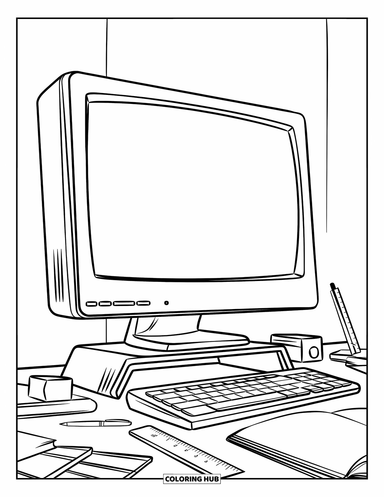Computer Coloring Page for Kids: Desktop computer setup with supplies like a pen, ruler, and book