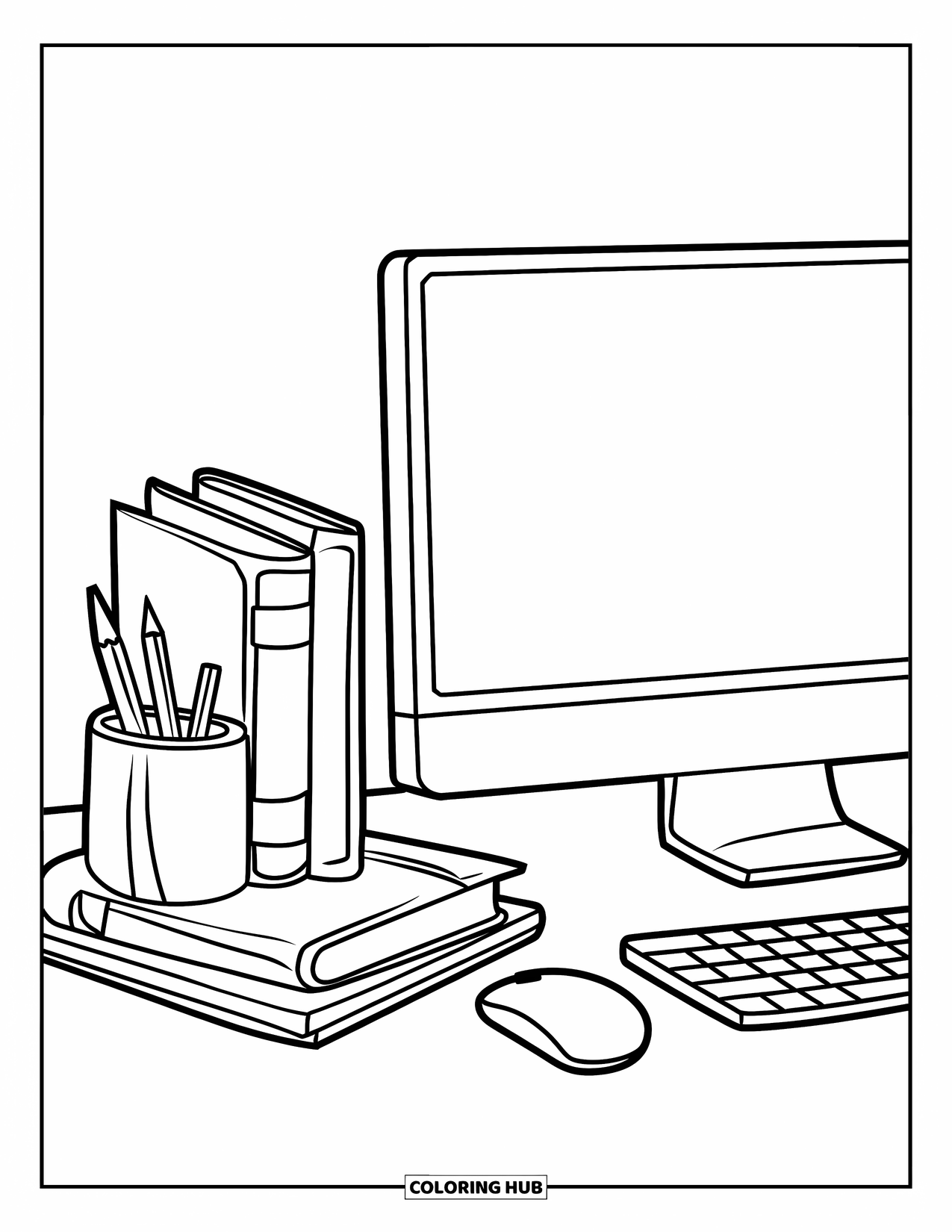 Computer Coloring Page for Kids: Desktop setup with books, mouse, and a tidy pencil holder