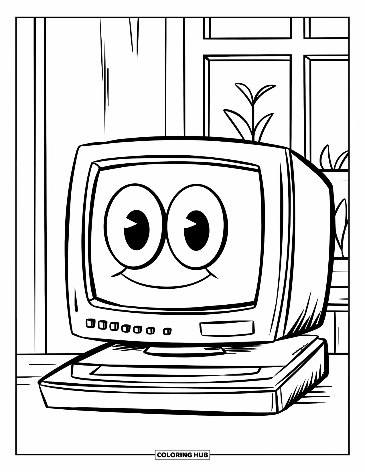 Computer Coloring Page for Kids: Friendly computer with big eyes sits near a window and leafy plant
