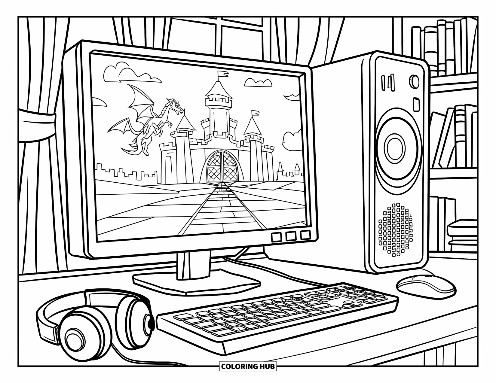 Computer Coloring Page for Kids: Gaming desk with castle game, headphones, and a nearby bookshelf