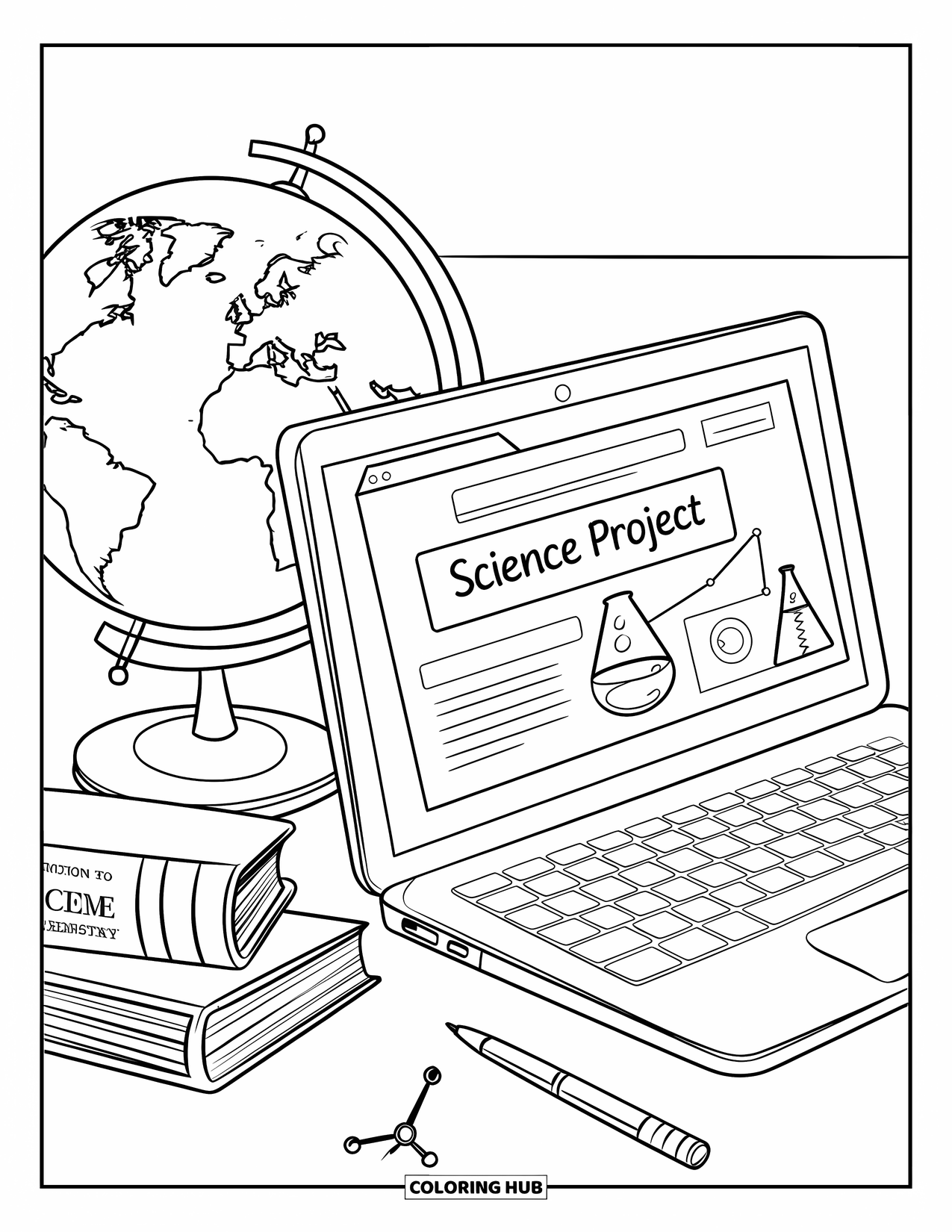 Computer Coloring Page for Kids: Laptop and chemistry books rest beside a globe in a science workspace