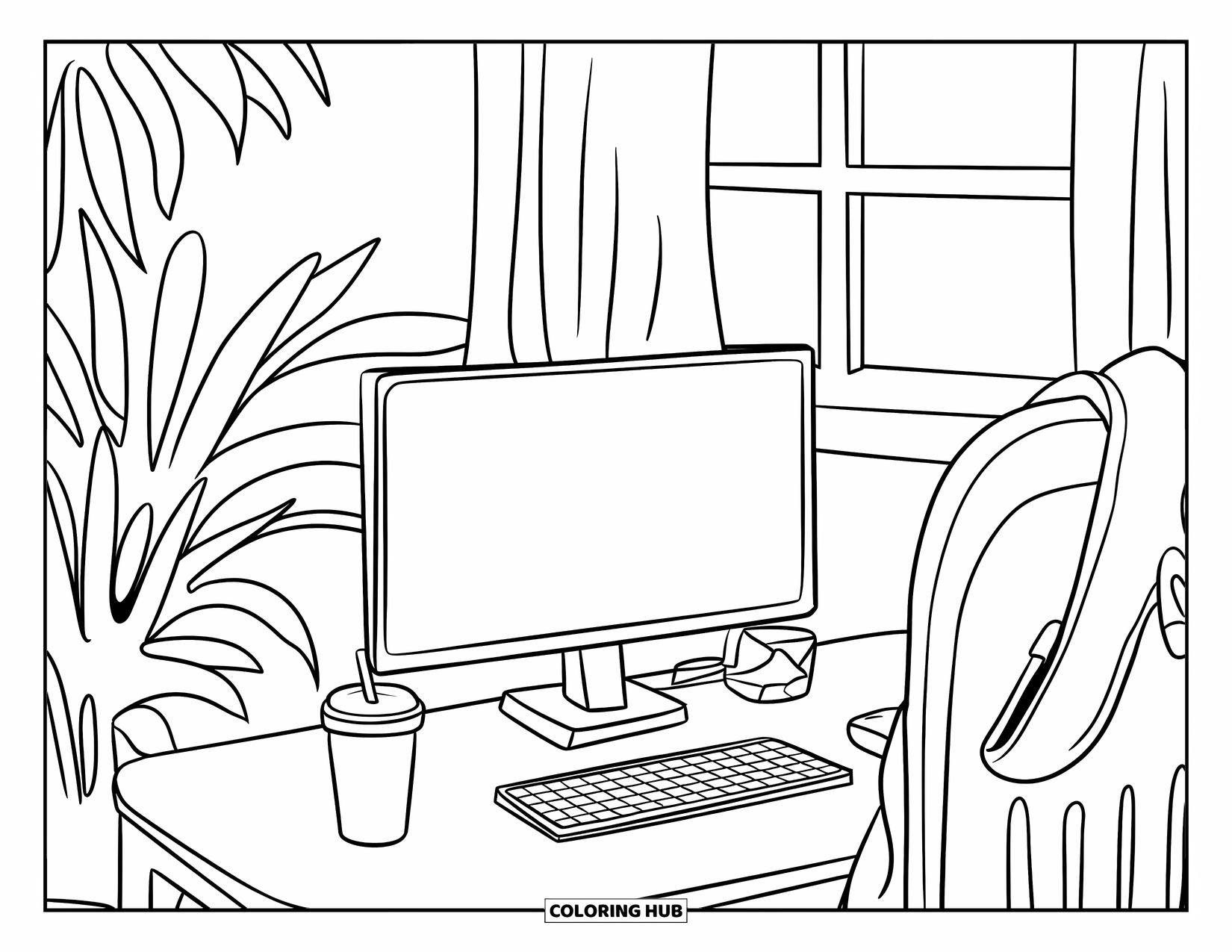 Computer Coloring Page for Kids: Late-night study spot with a hoodie, tumbler, and a peaceful plant nearby