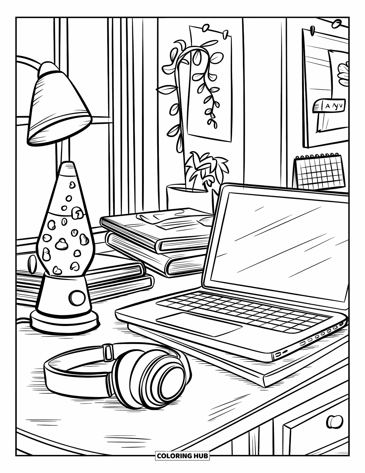 Computer Coloring Page for Kids: Lava lamp and books rest on a desk with headphones and soft lighting