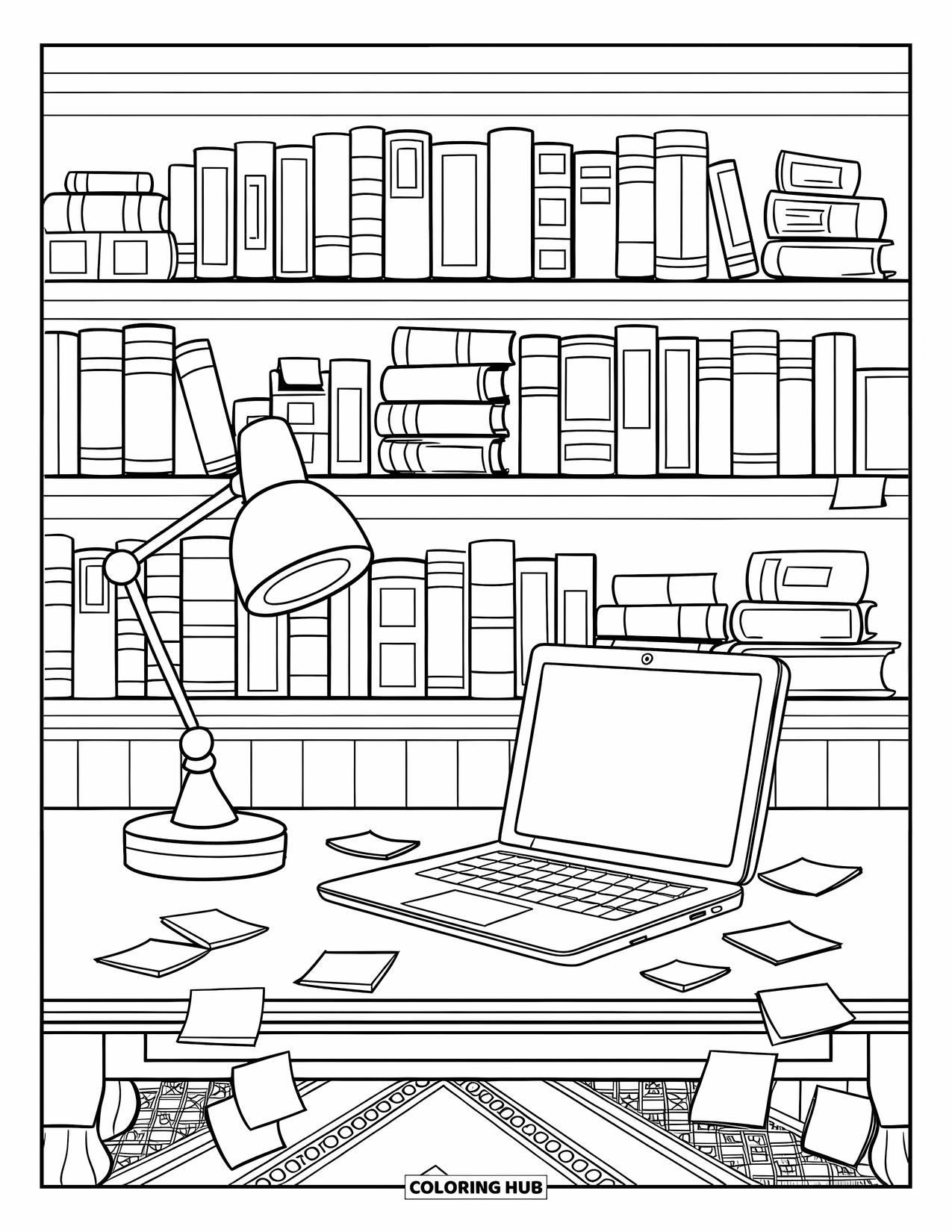 Computer Coloring Page for Kids: Lively study area with sticky notes, books, and a cozy desk lamp