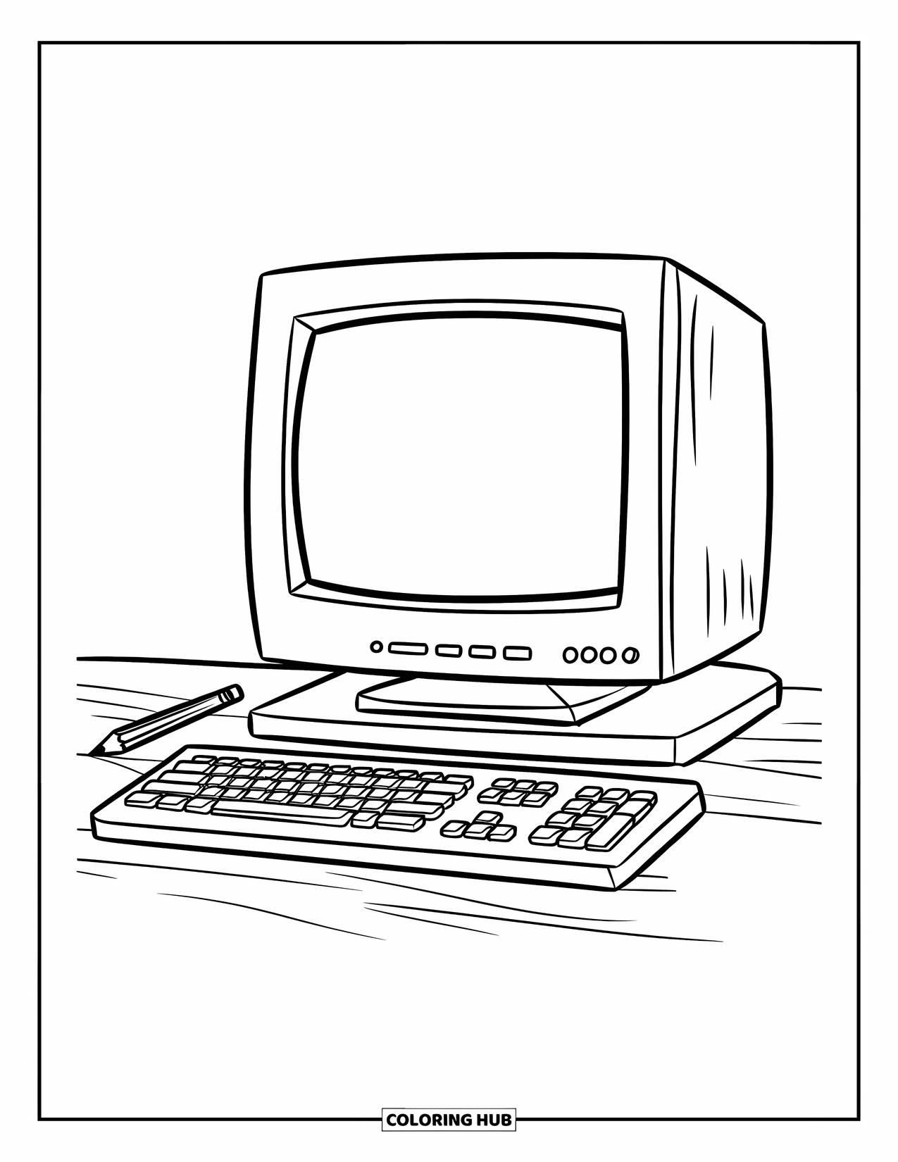 Computer Coloring Page for Kids: Plain monitor and keyboard sit on a table with a red eraser