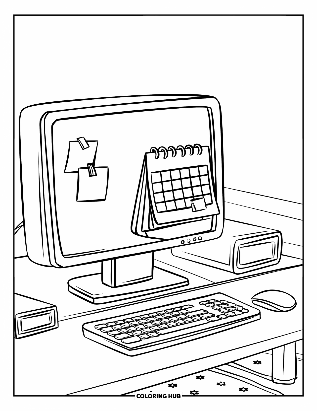 Computer Coloring Page for Kids: Simple computer desk setup with calendar, keyboard, and clean background
