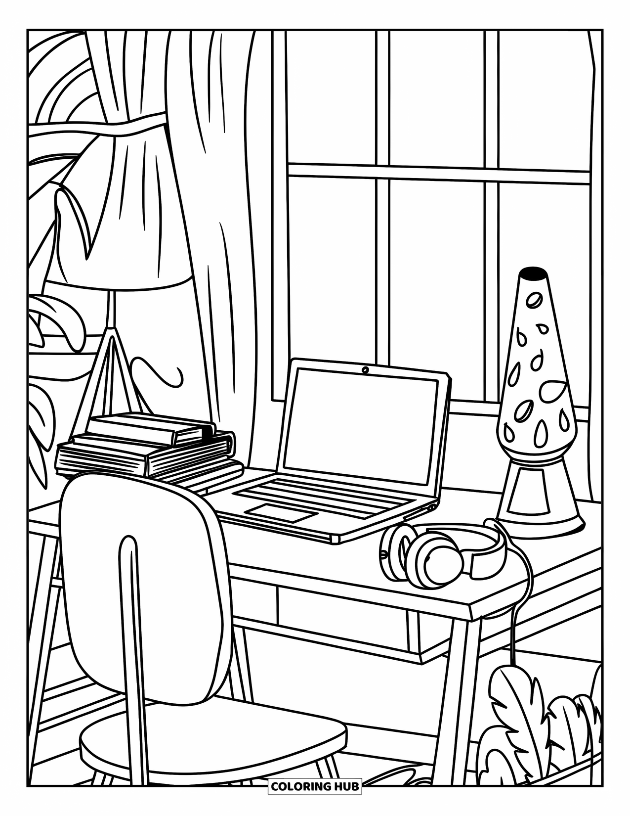 Computer Coloring Page for Kids: Teen's desk with headphones, lava lamp, and study materials