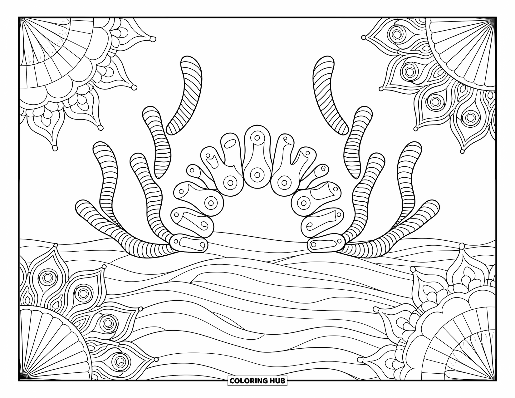Coral Reef Coloring Page for Adults: A coral arch shines among swirling sea scrolls and mandala shapes in a peaceful ocean scene
