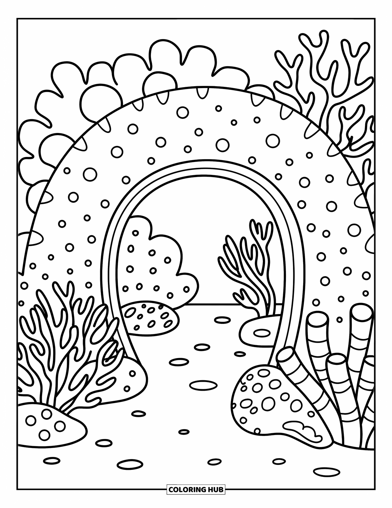 Coral Reef Coloring Page for Adults: A cozy coral arch invites you into a gentle forest of puffy, playful sea plants