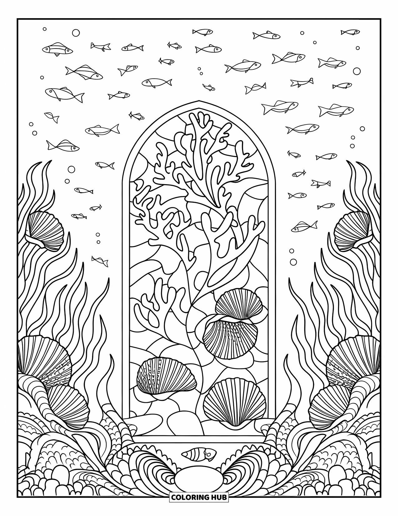 Coral Reef Coloring Page for Adults: A reef wall is centered among fish, shells, and stained-glass-style marine patterns