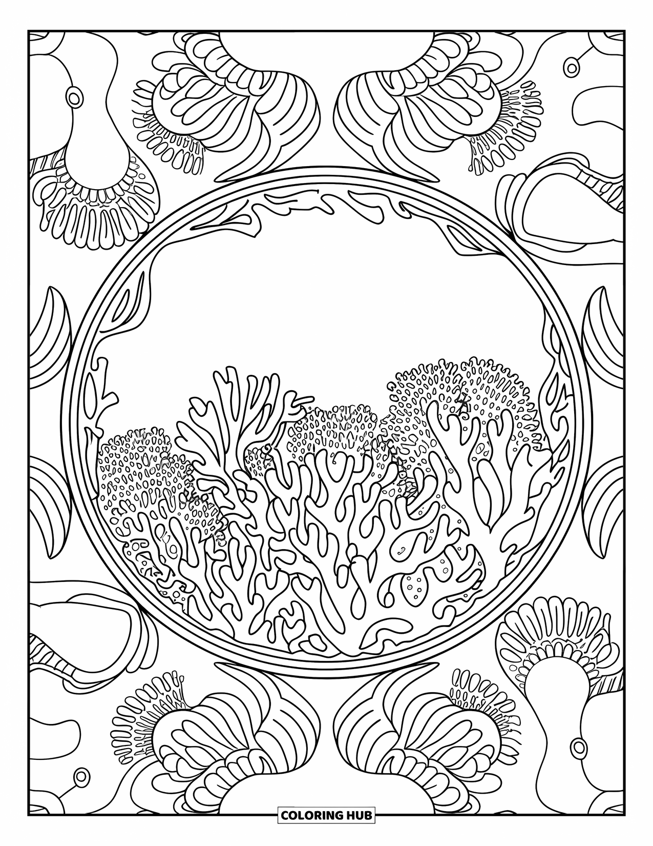 Coral Reef Coloring Page for Adults: A wide coral field is encircled by reef-themed mandala rings and sea-inspired patterns