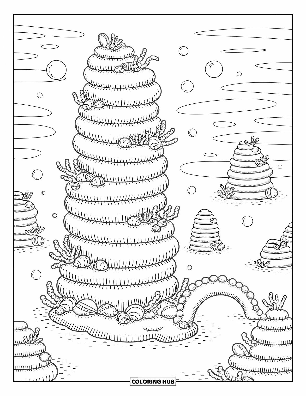 Coral Reef Coloring Page for Adults: Stacked coral shapes rise like pancakes, connected by little bridges and surrounded by lazy bubbles
