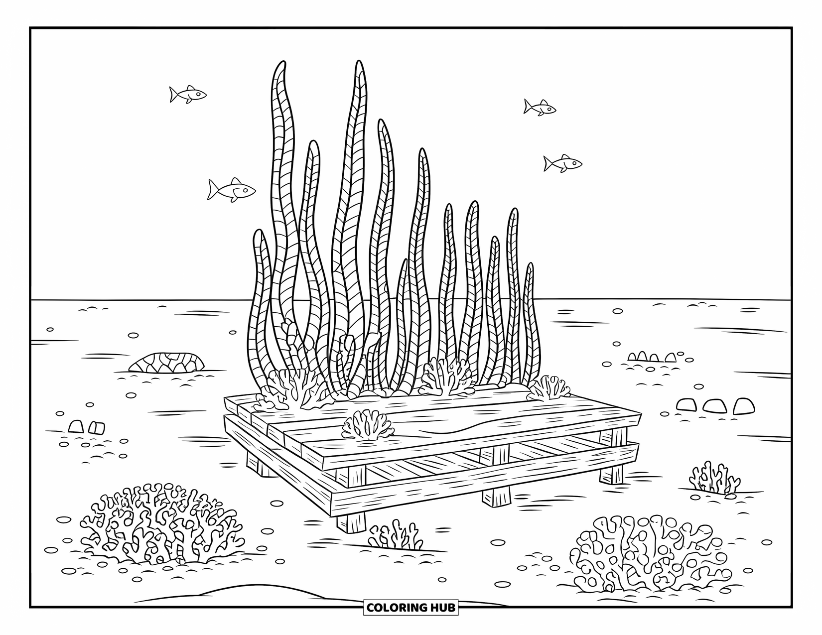 Coral Reef Coloring Page for Kids: Coral-covered ocean floor with spiral seaweed and wooden platform