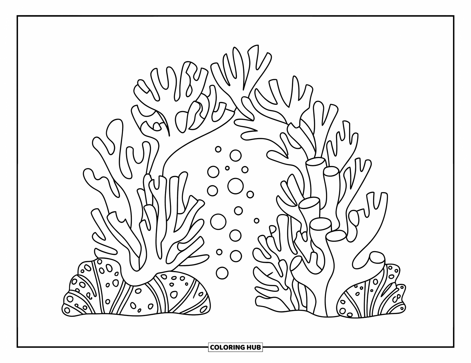 Coral Reef Coloring Page for Kids: Fun coral arch with bubbles and playful underwater details