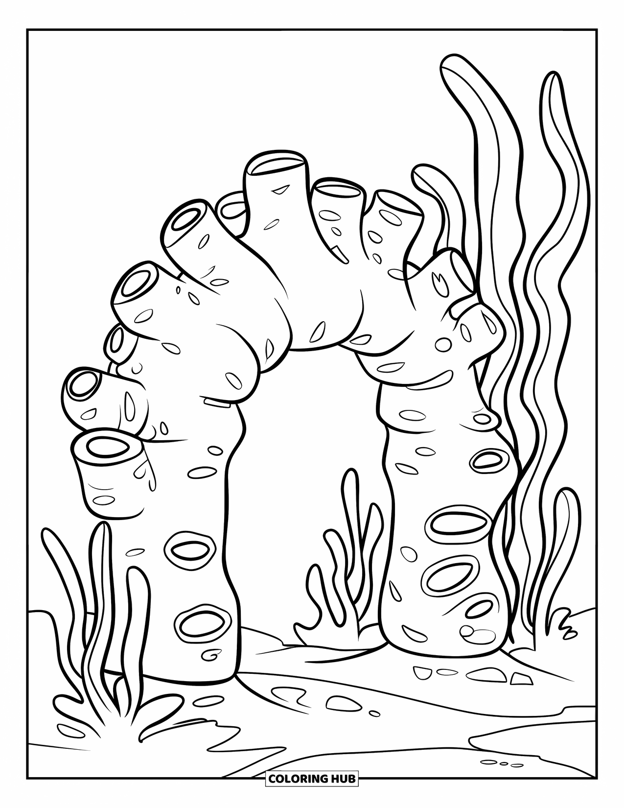Coral Reef Coloring Page for Kids: Smiling coral arch with big openings and wavy sea plants