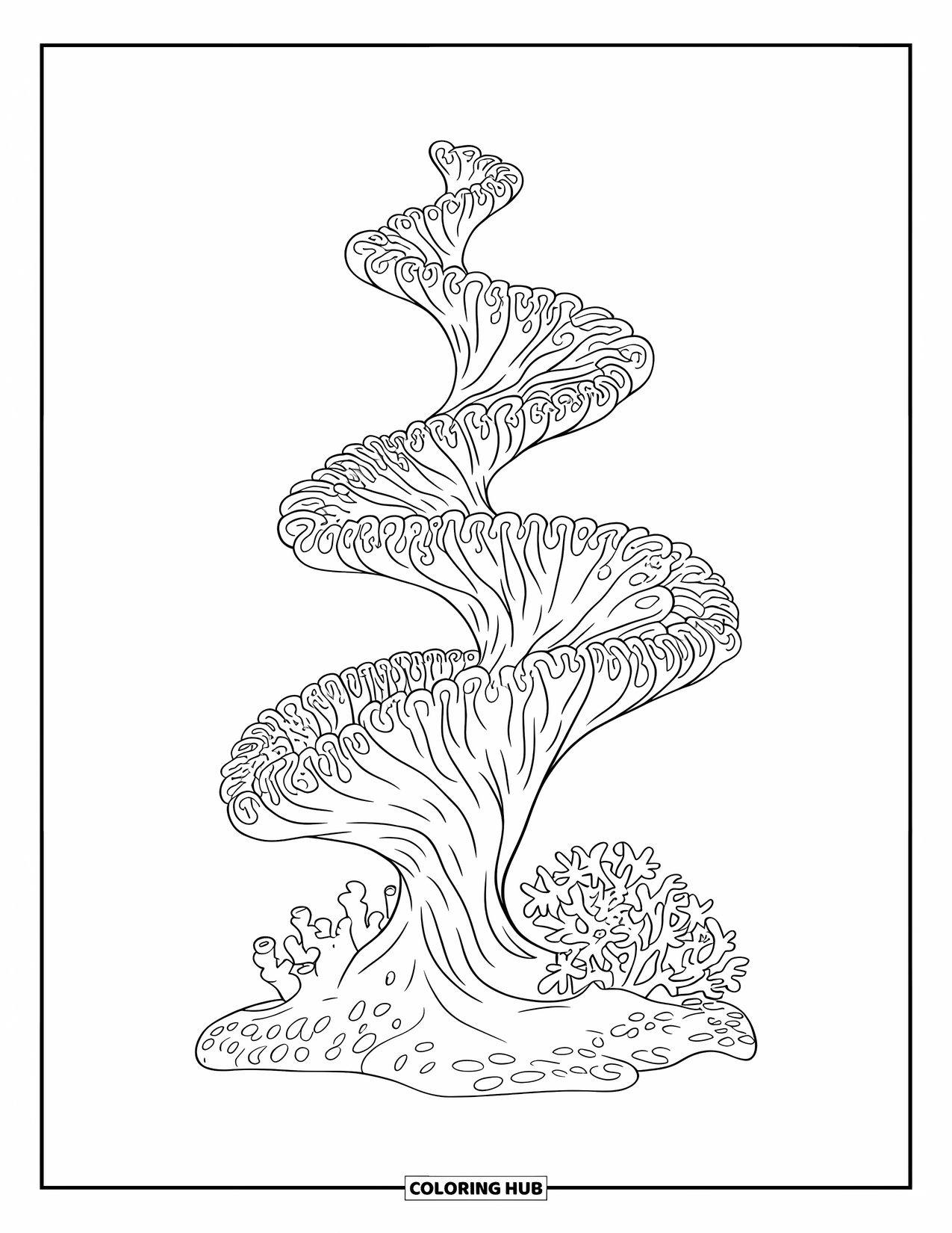 Coral Reef Coloring Page for Kids: Spiral coral tower surrounded by tiny star-shaped corals