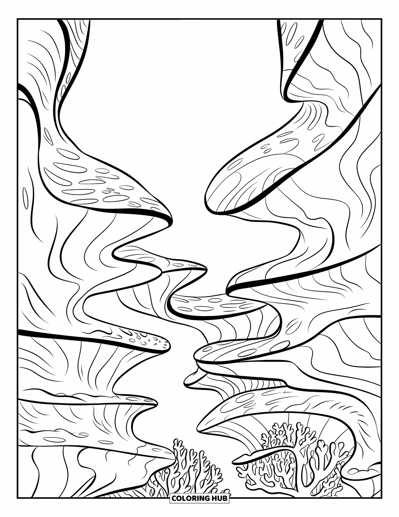 Coral Reef Coloring Page for Kids: Winding coral canyon with crevices, starfish, and swaying seaweed