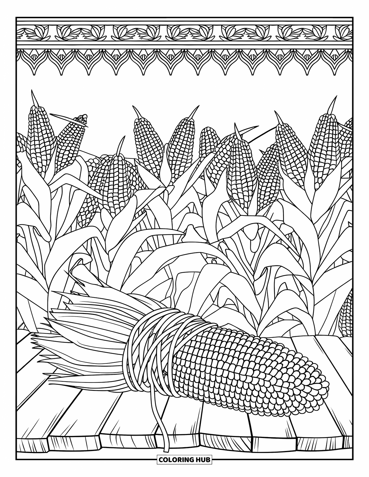 Corn Coloring Page for Adults: A corn bundle rests on wood with stalks and decorative border details above