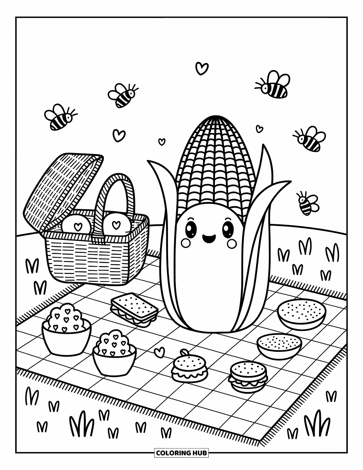 Corn Coloring Page for Adults: A corn sits on a picnic blanket surrounded by treats, bees, and butterflies