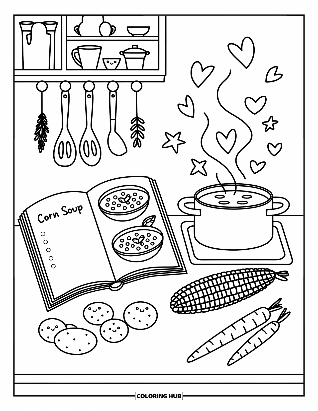Corn Coloring Page for Adults: A corn soup recipe sits near carrots and a pot with heart-shaped steam