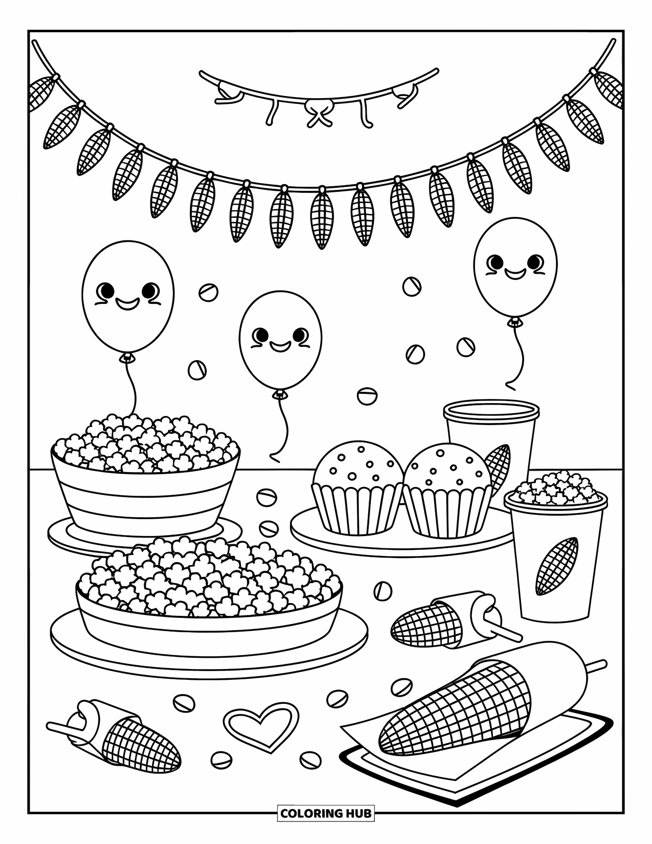 Corn Coloring Page for Adults: A corn-themed table overflows with party treats and smiling cups