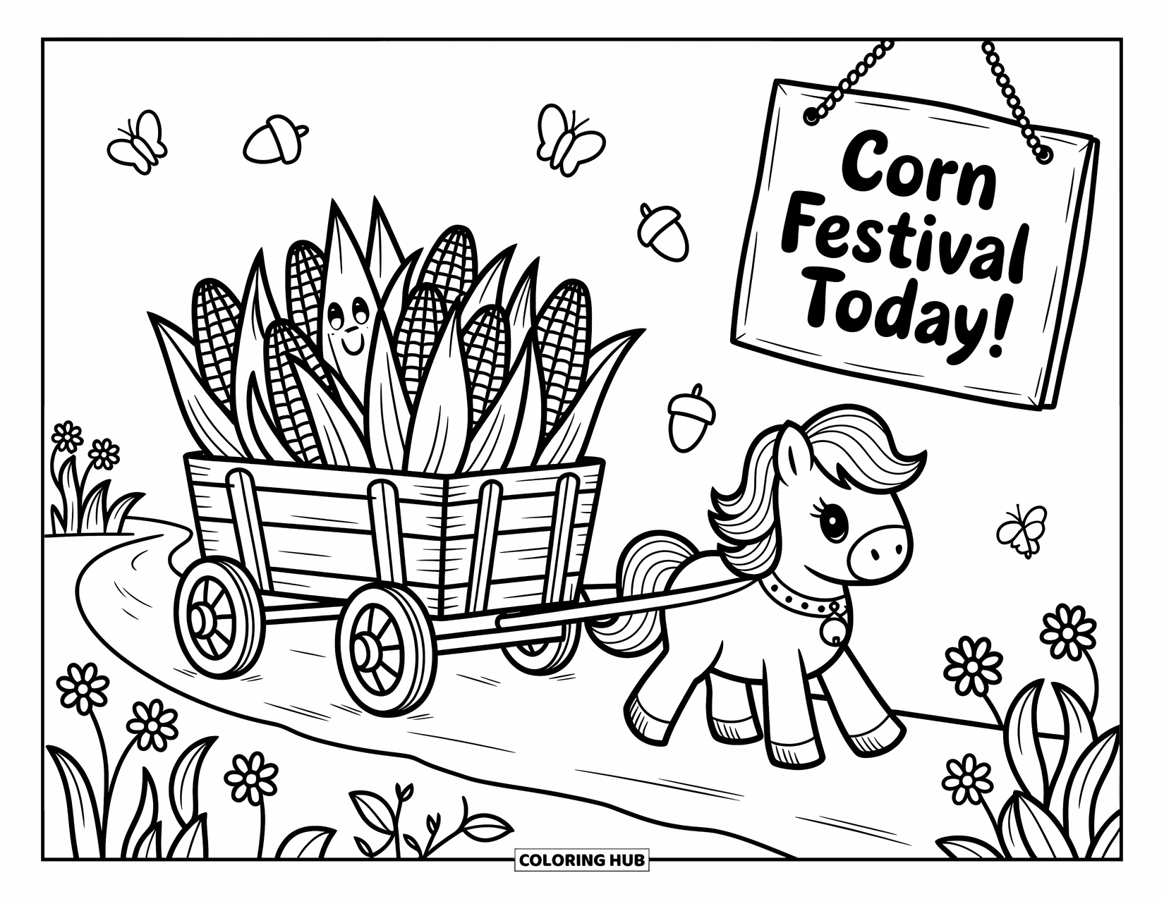 Corn Coloring Page for Adults: A cute pony pulls a corn-filled wagon down a path beside a playful festival sign