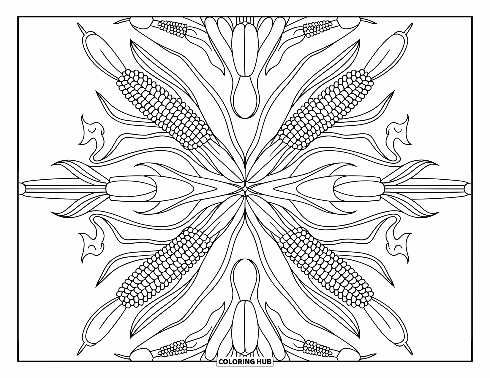 Corn Coloring Page for Adults: A detailed corn pattern of husks and vines fills the entire page