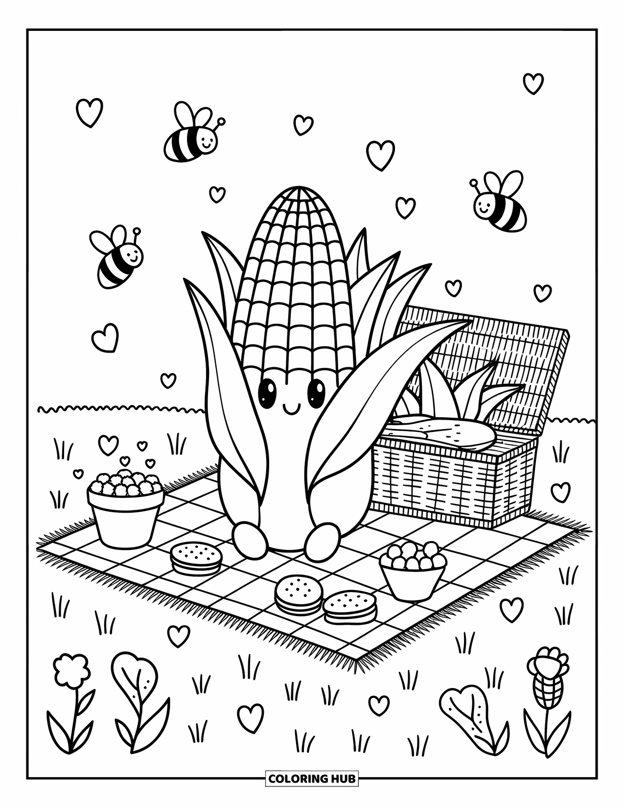 Corn Coloring Page for Adults: A kawaii corn enjoys a picnic with snacks, bees, and floating hearts