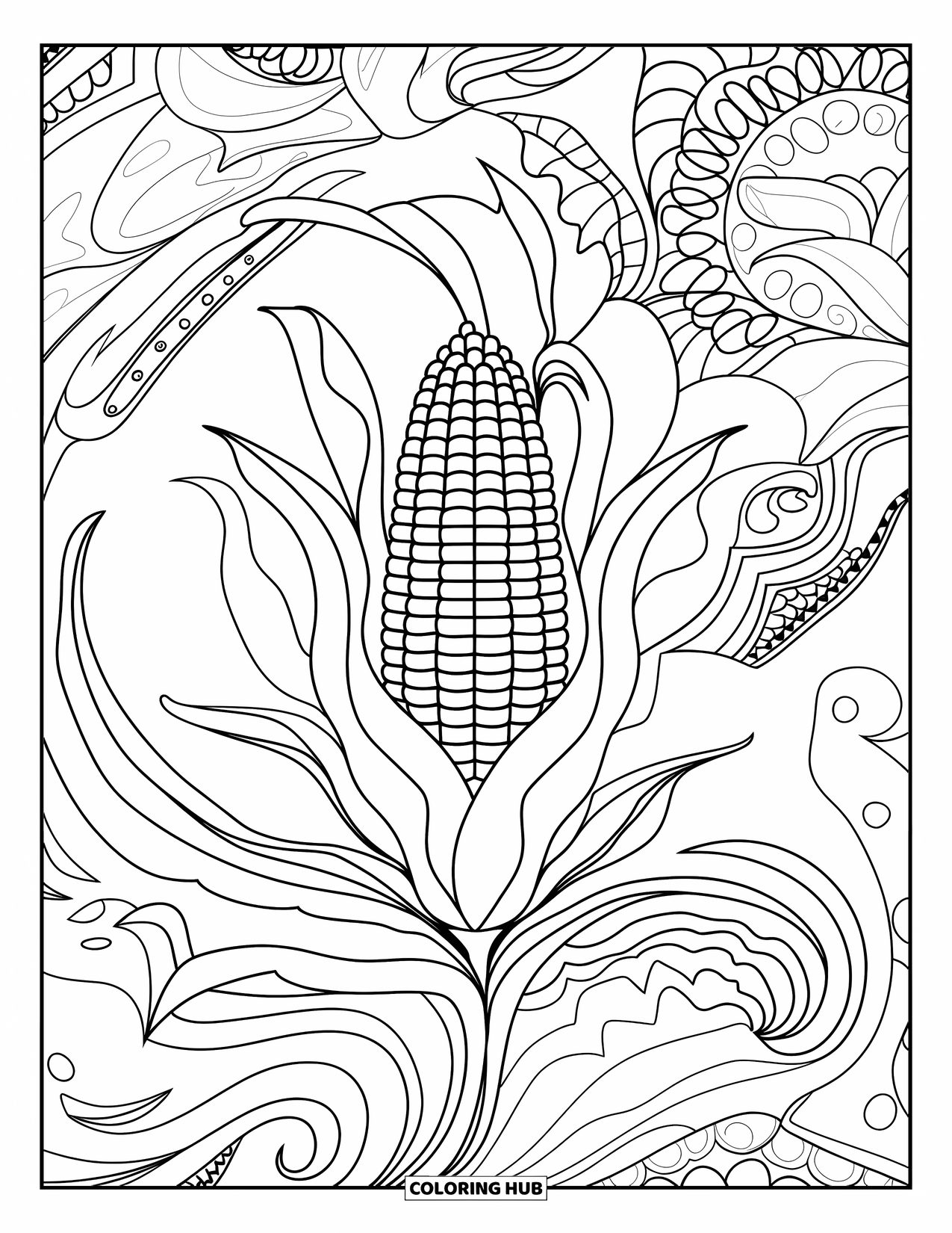 Corn Coloring Page for Adults: A single corn cob sits in a spiral of detailed leaves and botanical flourishes