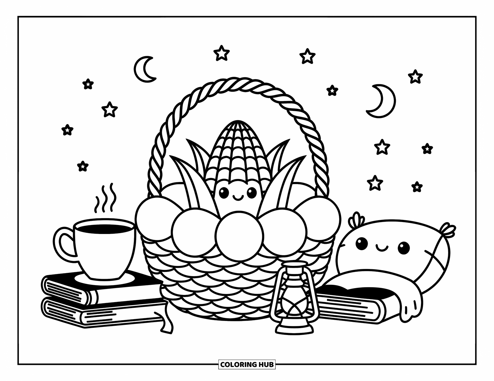 Corn Coloring Page for Adults: A sleepy corn rests in a leafy nest surrounded by tea, stars, and a glowing lantern
