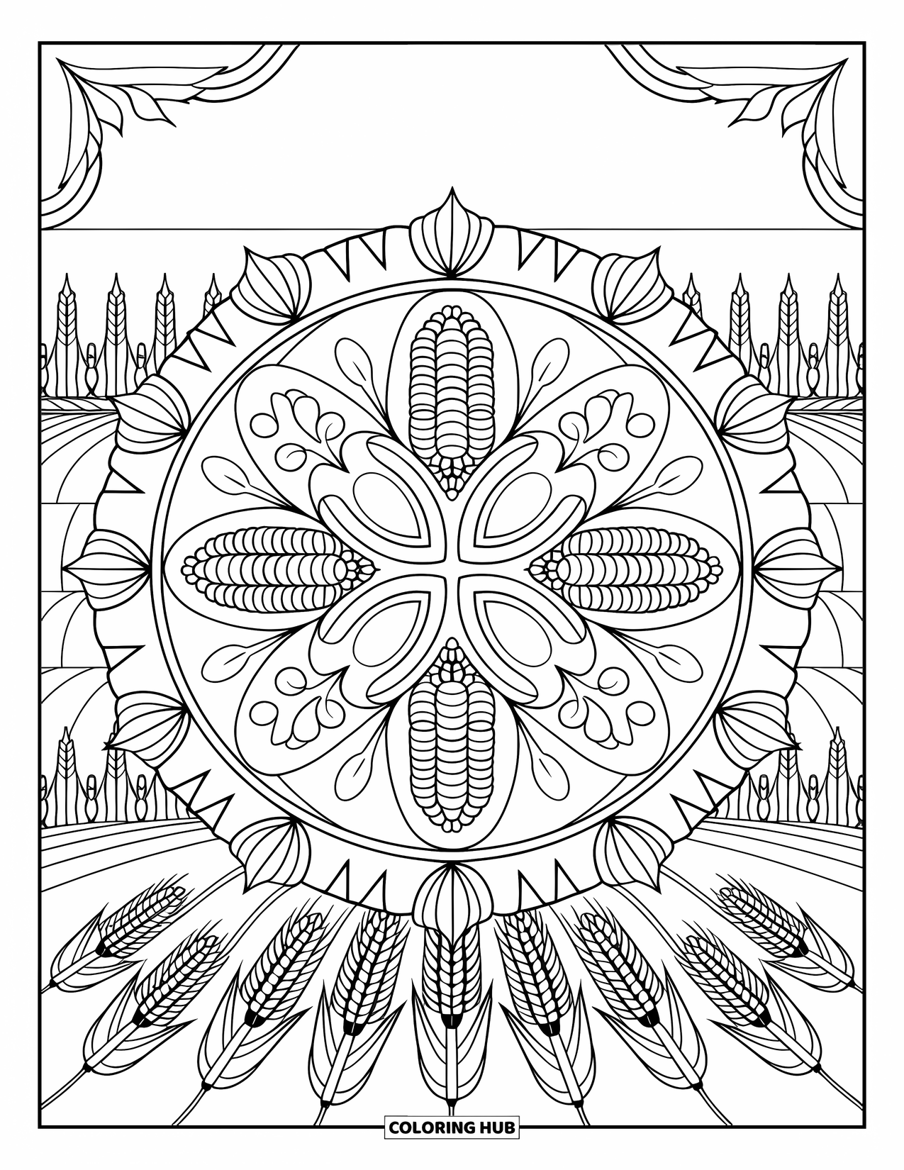 Corn Coloring Page for Adults: Corn and wheat mandala layers rise from a scenic field and bordered design