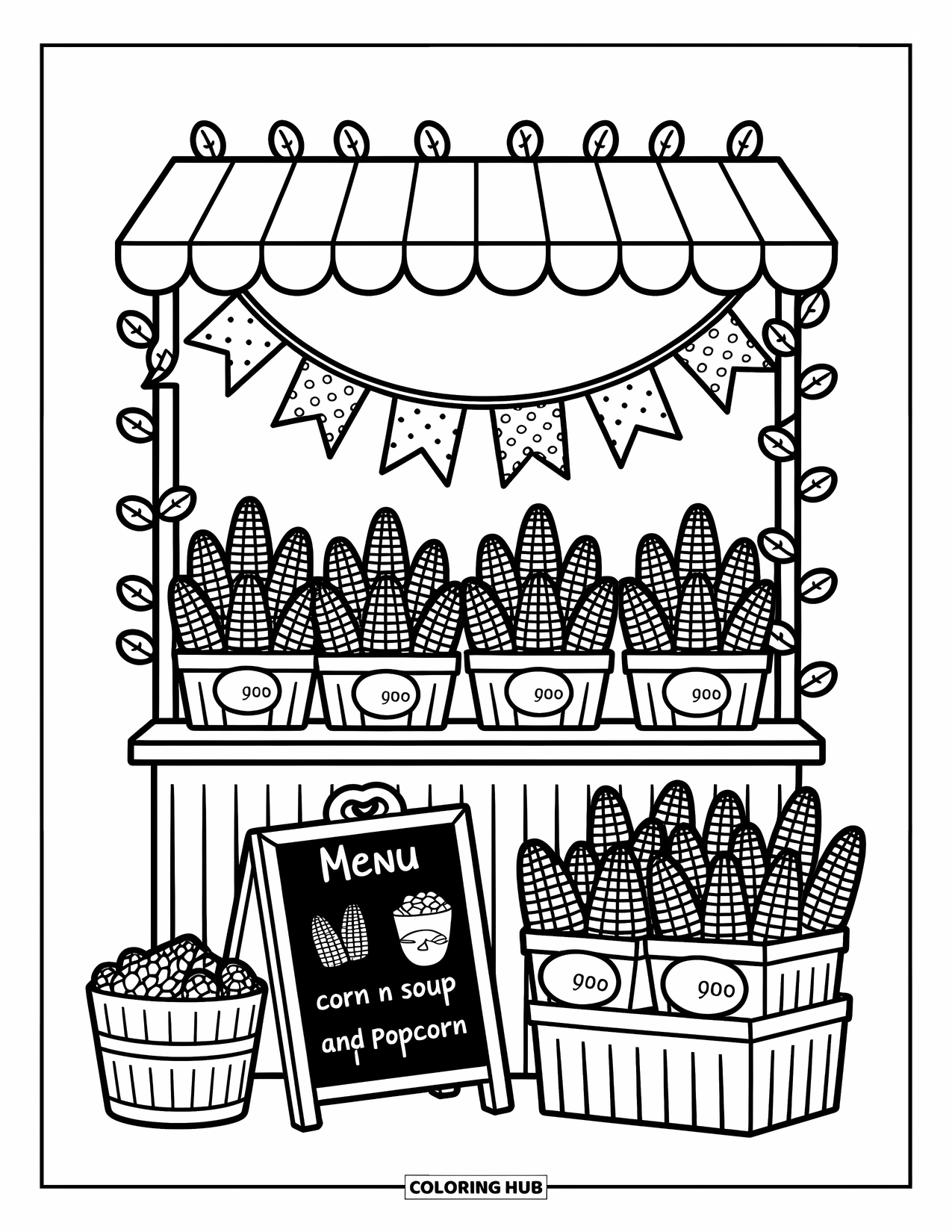 Corn Coloring Page for Adults: Corn-filled baskets and crates line a festive booth with a doodled chalkboard menu
