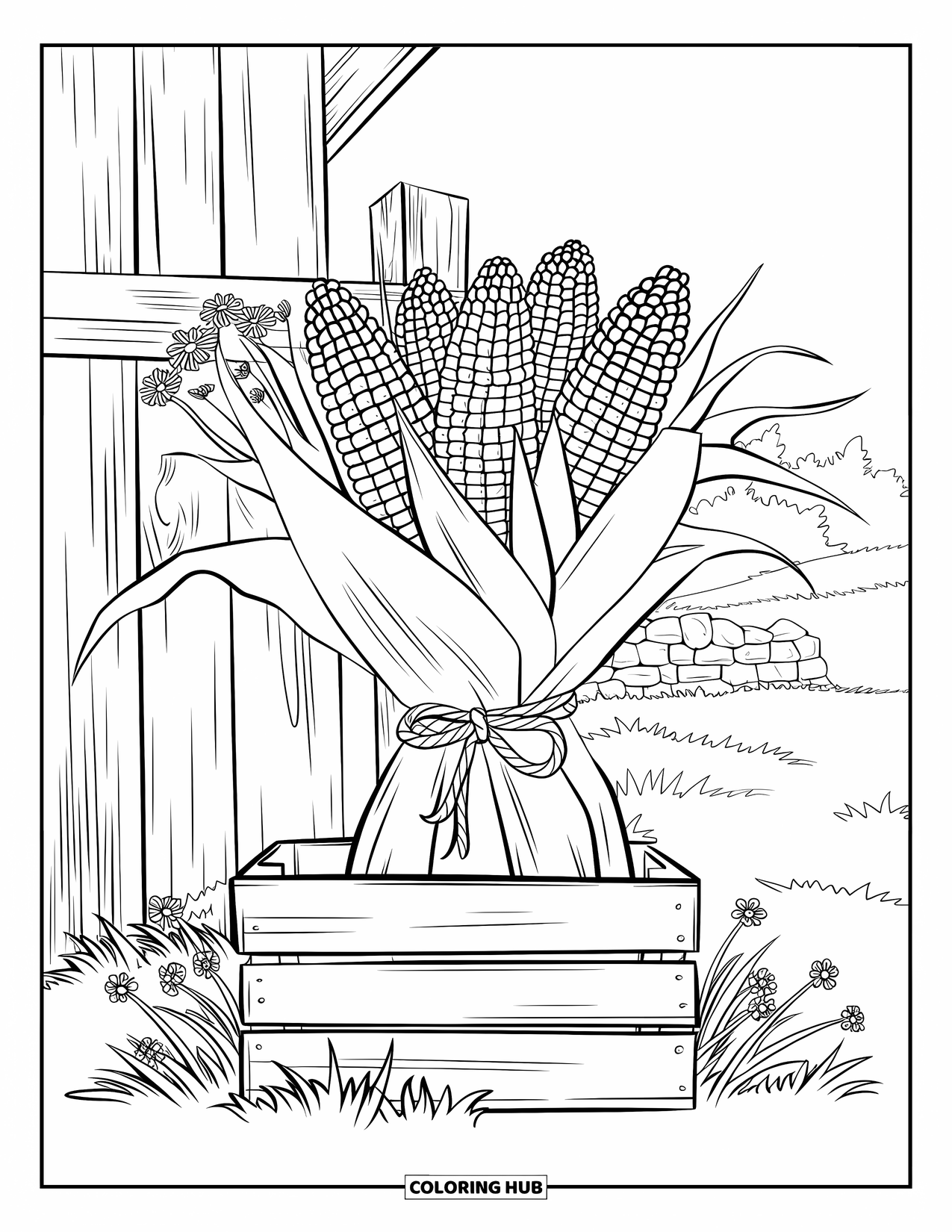 Corn Coloring Page for Adults: Corn in a crate is surrounded by wildflowers and a rustic countryside scene