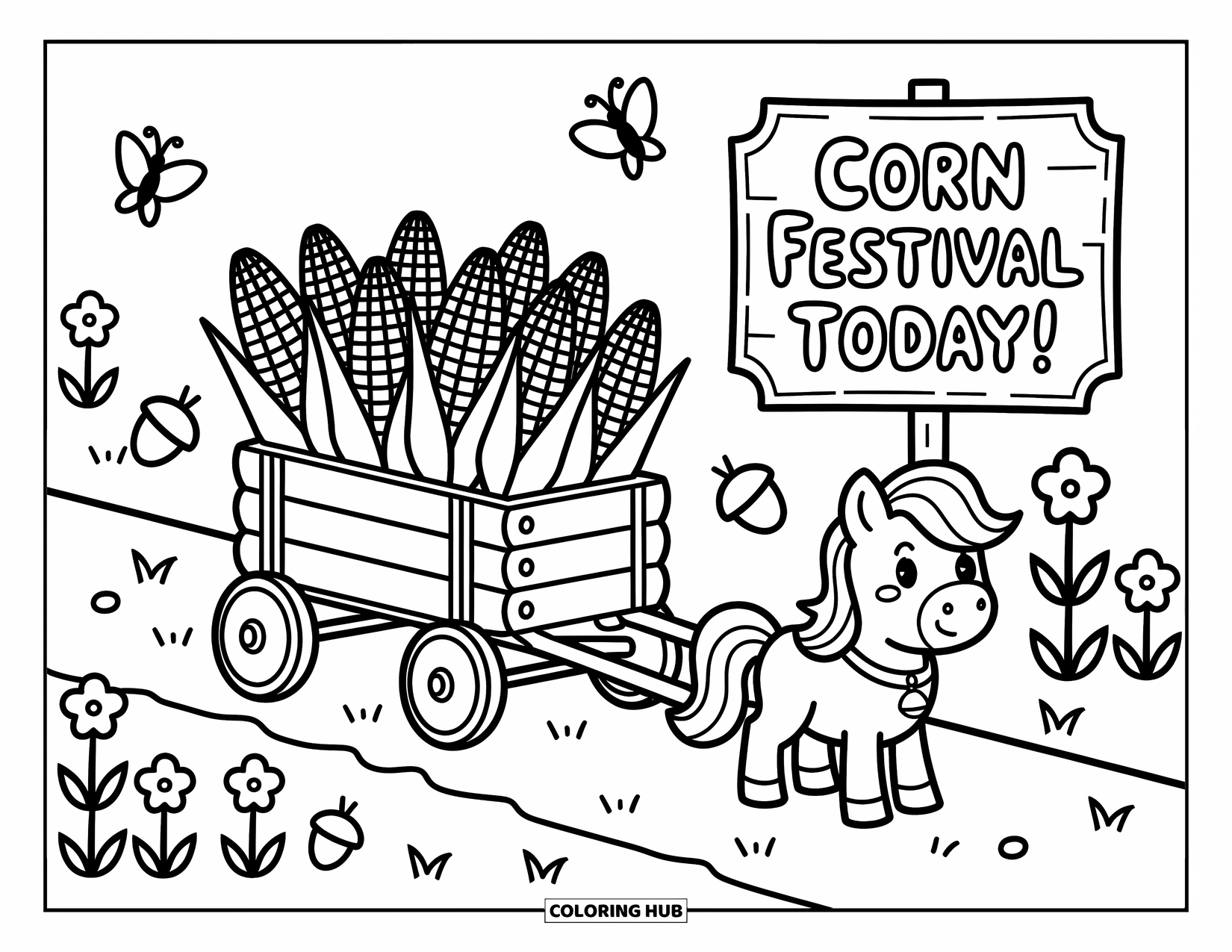 Corn Coloring Page for Adults: Smiling corn ride in a wooden wagon pulled by a pony near a festive corn sign