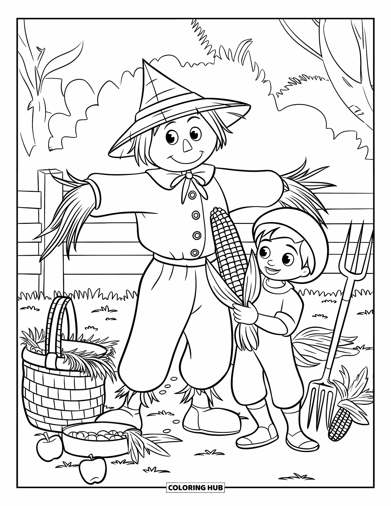 Corn Coloring Page for Kids: A boy with corn stands near a scarecrow and baskets in a rustic harvest scene