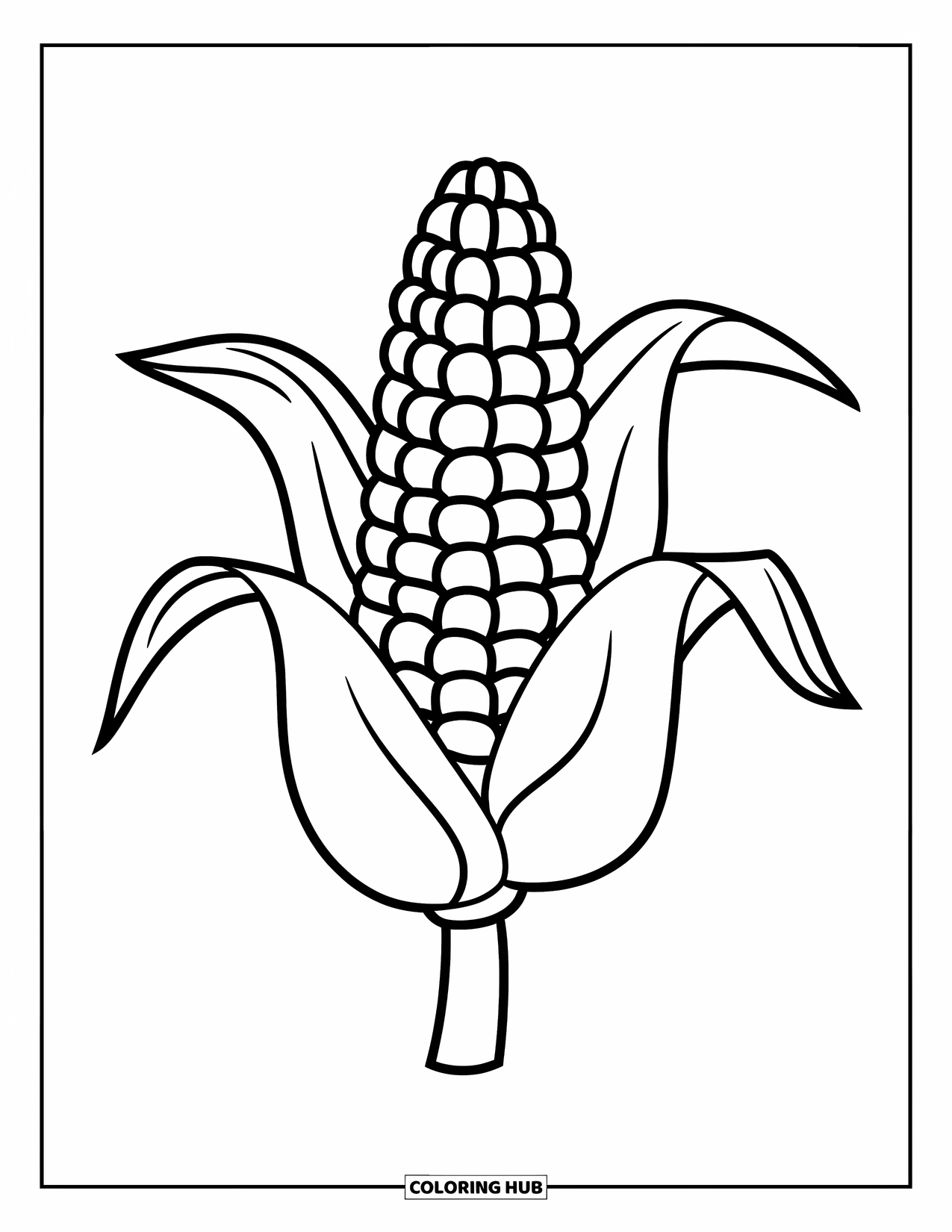Corn Coloring Page for Kids: A cheerful corn stalk with big kernels and bold leaves is ready to be colored