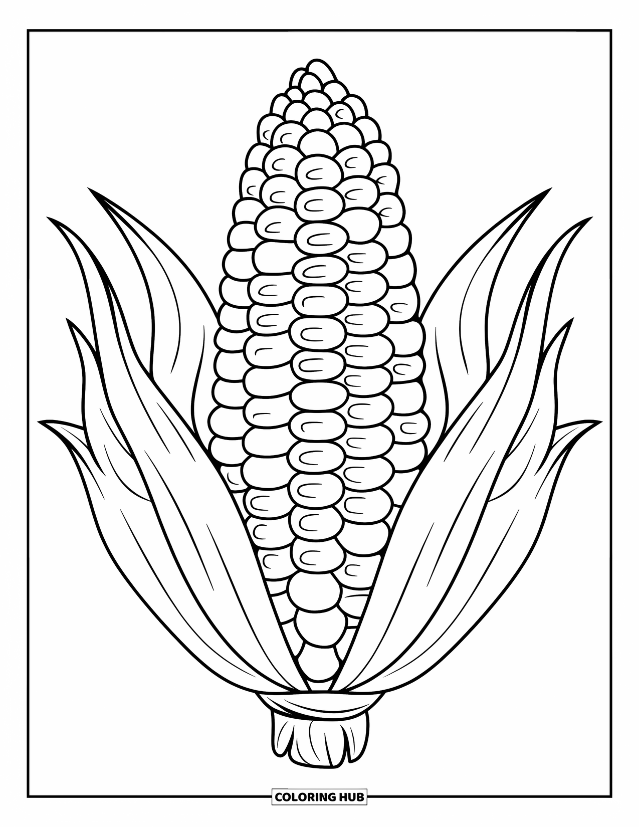 Corn Coloring Page for Kids: A corn cob with spiral kernels and leaves stands tall in the center