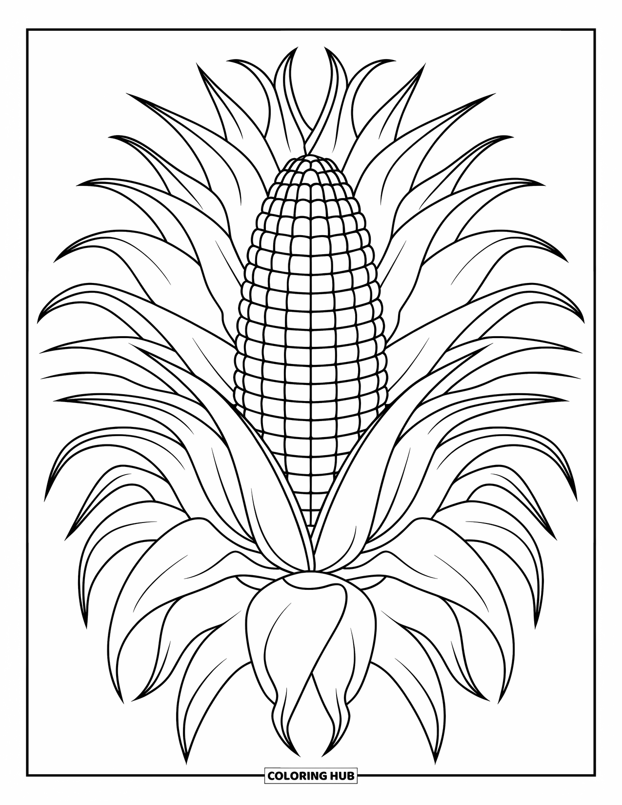 Corn Coloring Page for Kids: A corn cob with wide leaves forms a circle of green around its center