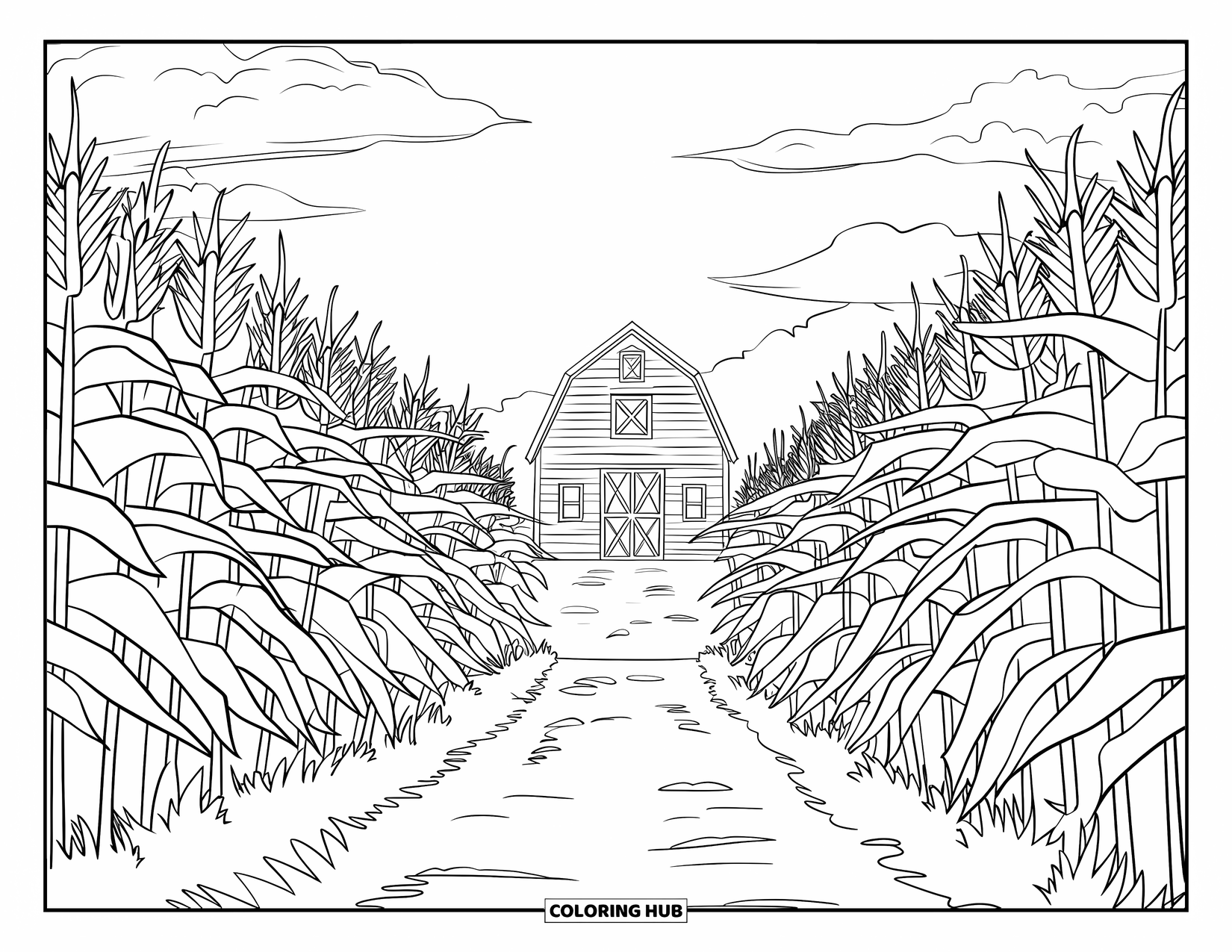 Corn Coloring Page for Kids: A corn path leads to a distant wooden barn under a cloudy sky