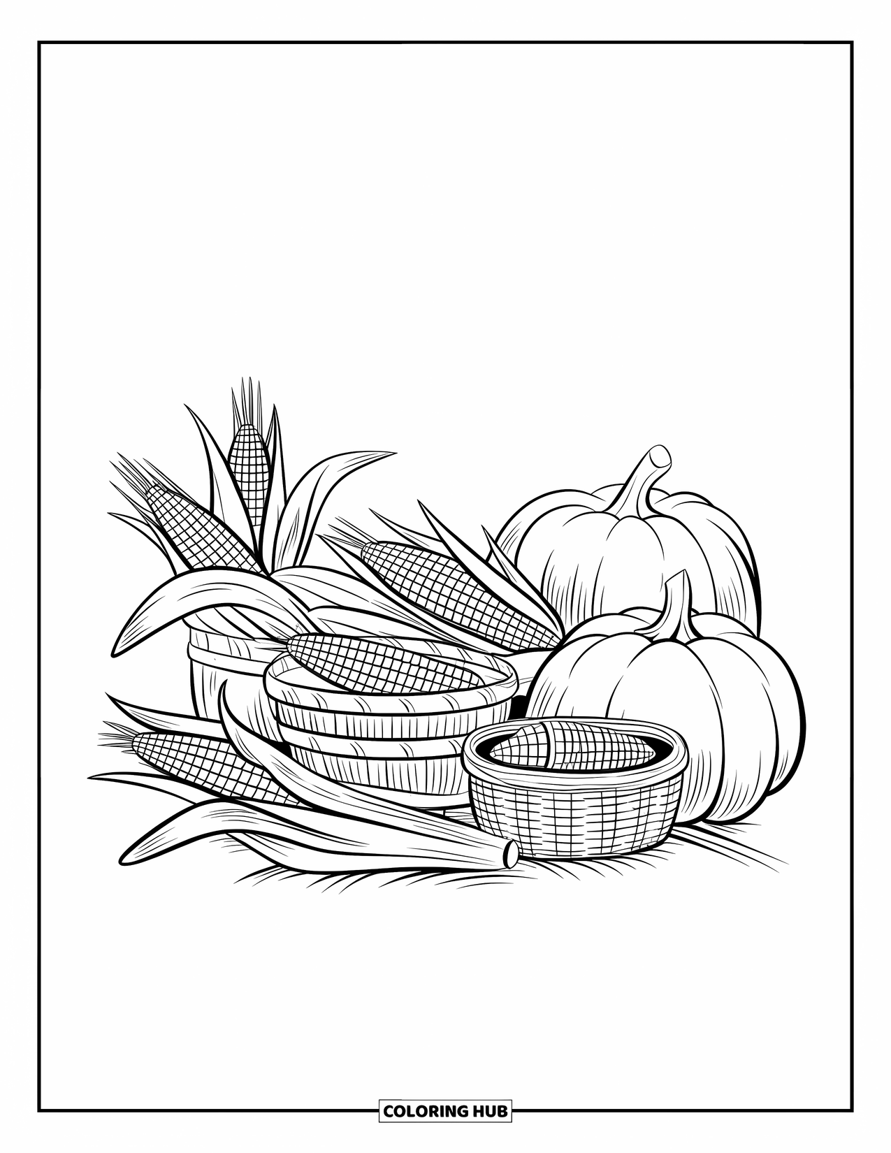 Corn Coloring Page for Kids: A harvest setup with corn and tools rests beside a single pumpkin
