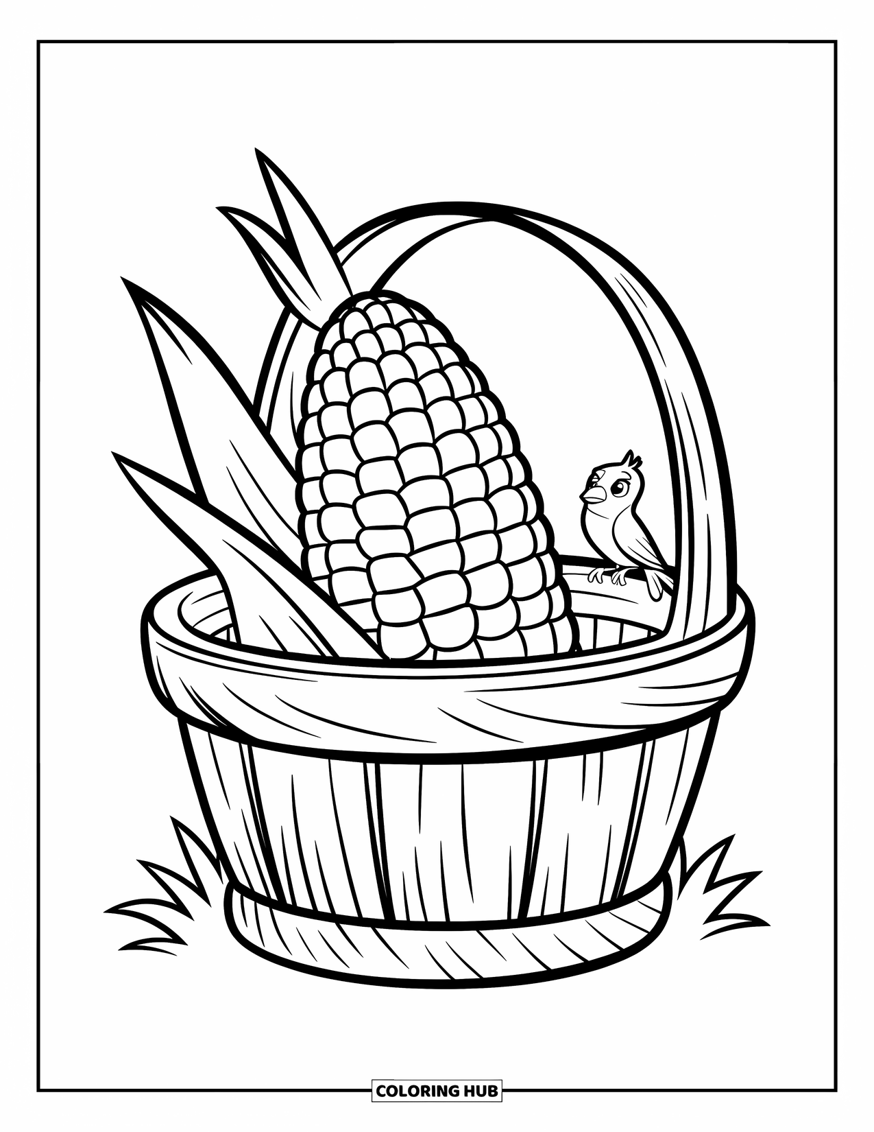 Corn Coloring Page for Kids: A little bird perches on a basket holding a corn cob with bold outlines