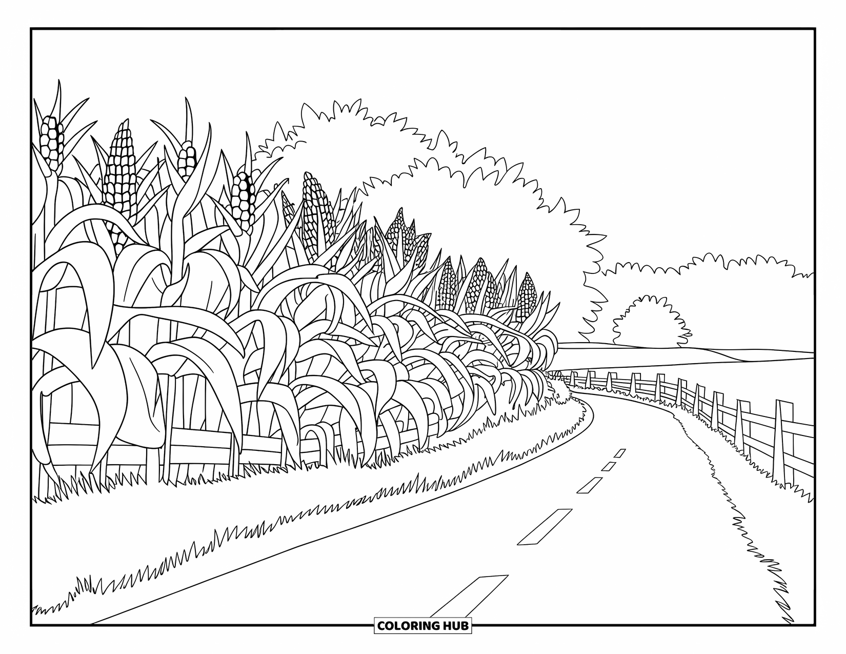 Corn Coloring Page for Kids: A quiet country road winds through cornfields and wooden fences