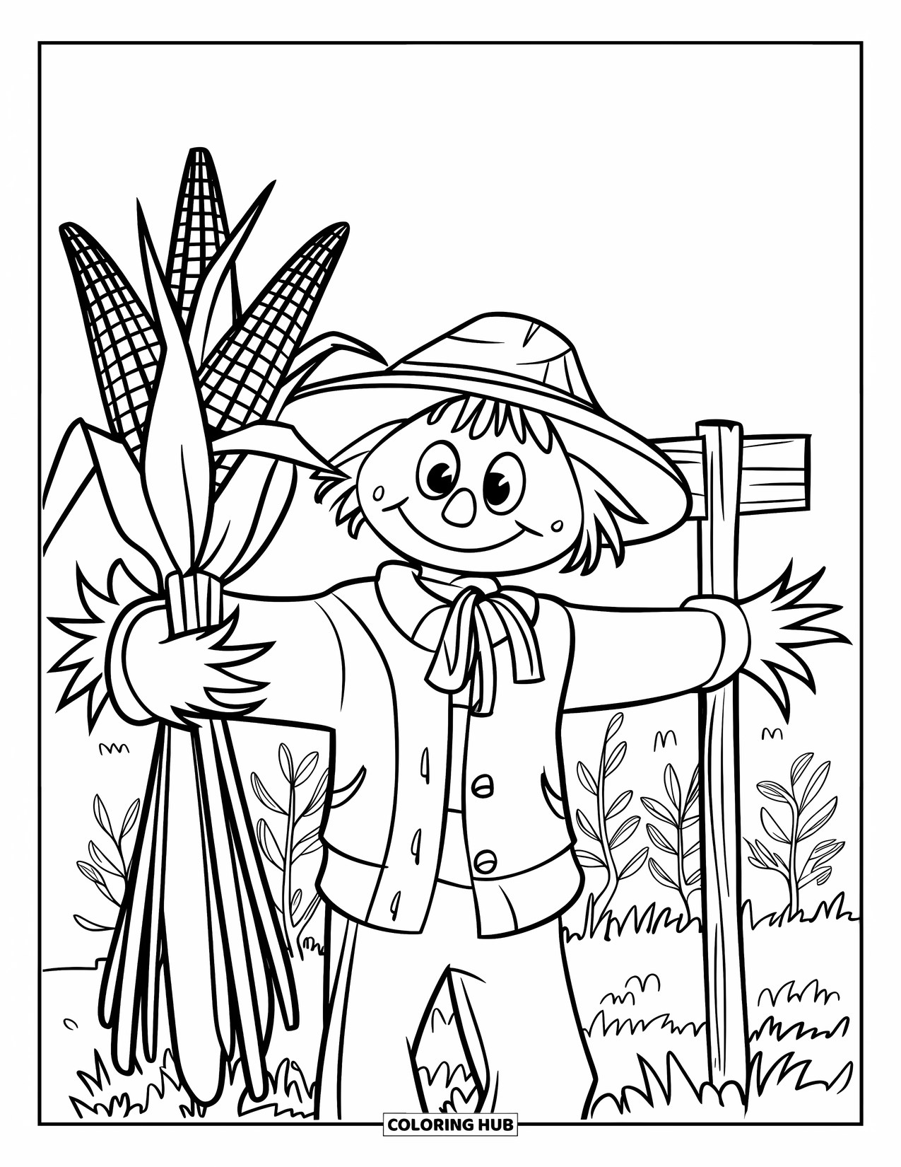 Corn Coloring Page for Kids: A smiling scarecrow with corn stands in a field near a wooden sign