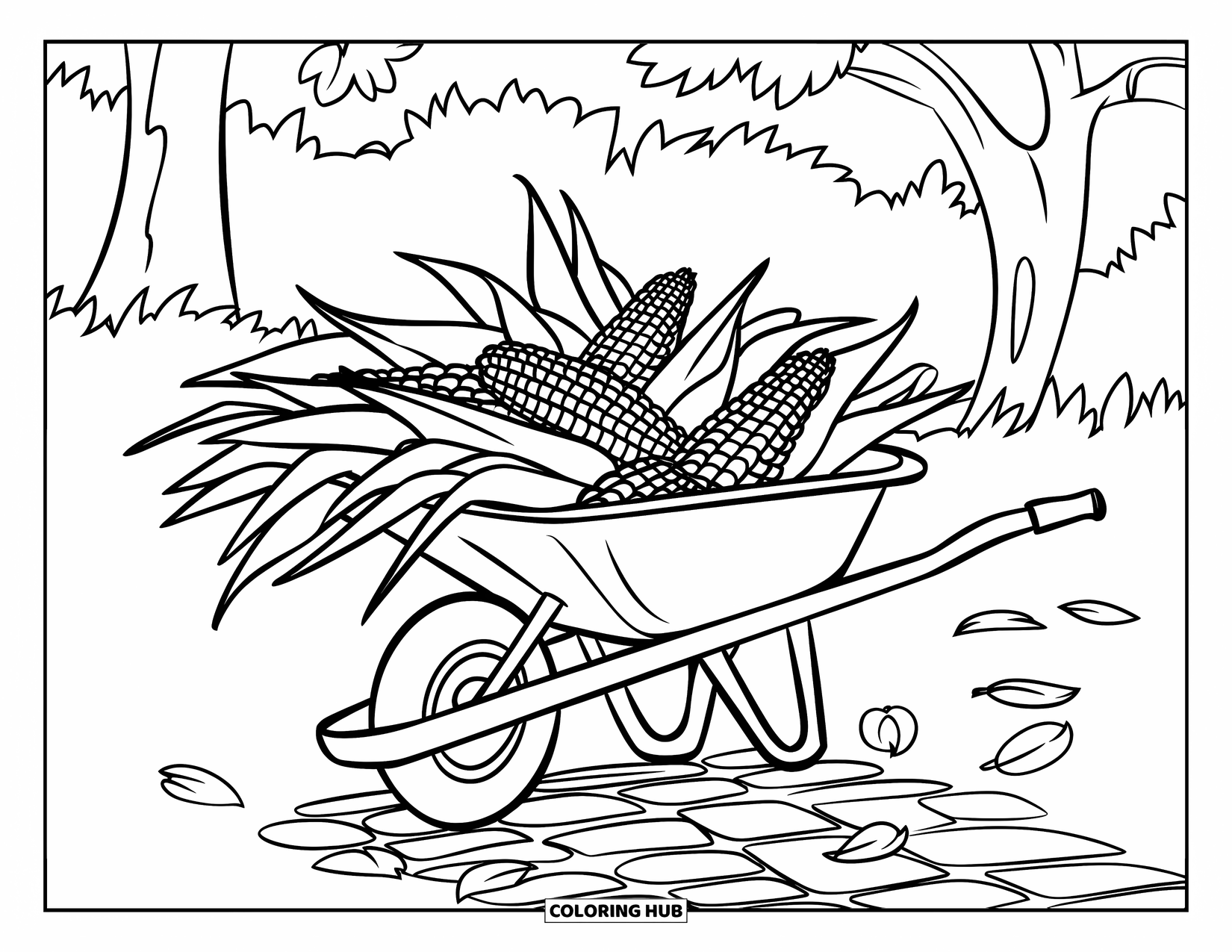 Corn Coloring Page for Kids: A wheelbarrow overflowing with corn sits on a cobblestone path with leafy trees behind