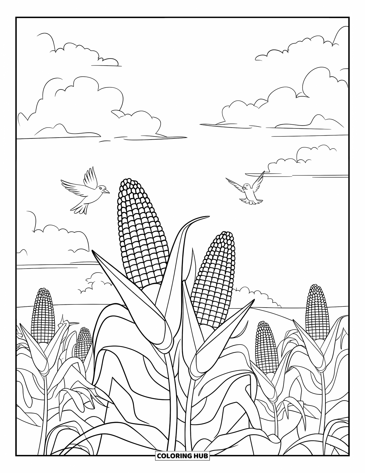 Corn Coloring Page for Kids: Tall corn stalks sway beneath a big sky filled with birds and fluffy clouds