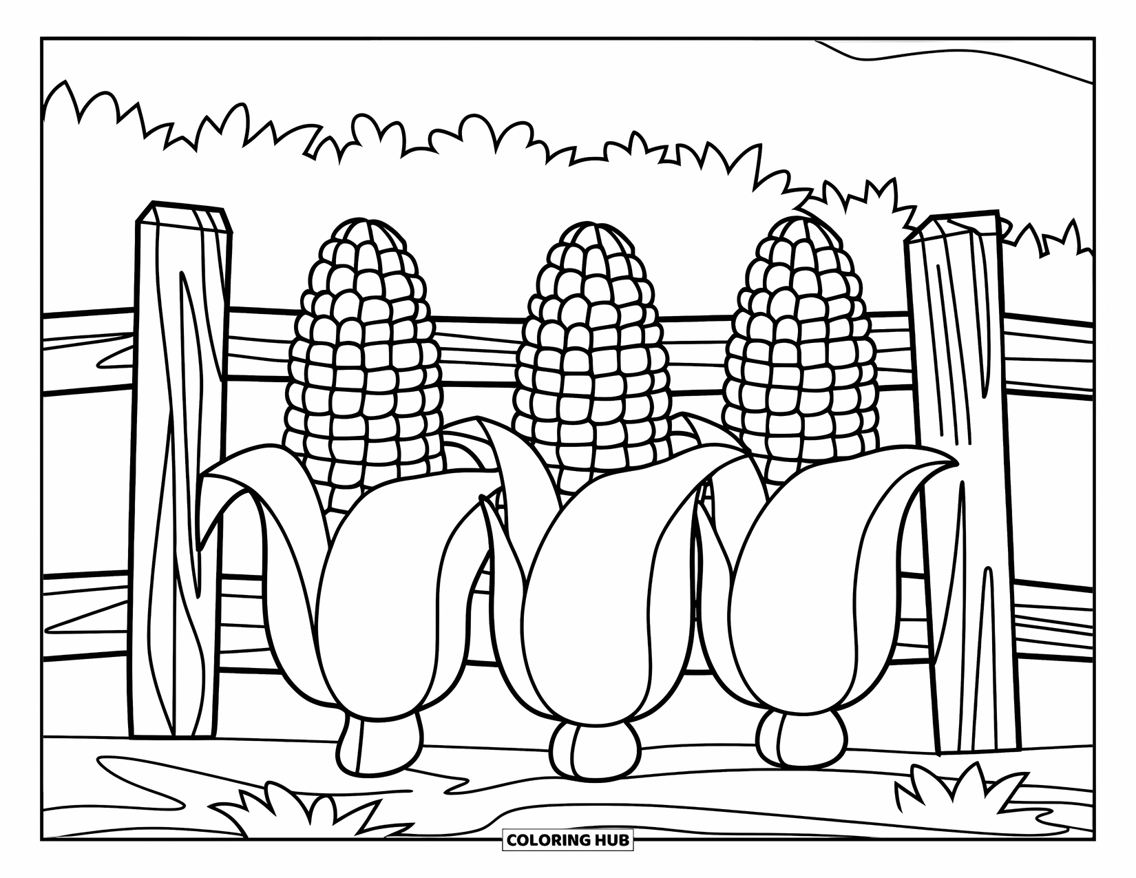 Corn Coloring Page for Kids: Three cheerful corn cobs line up beside a wooden fence in a sunny field