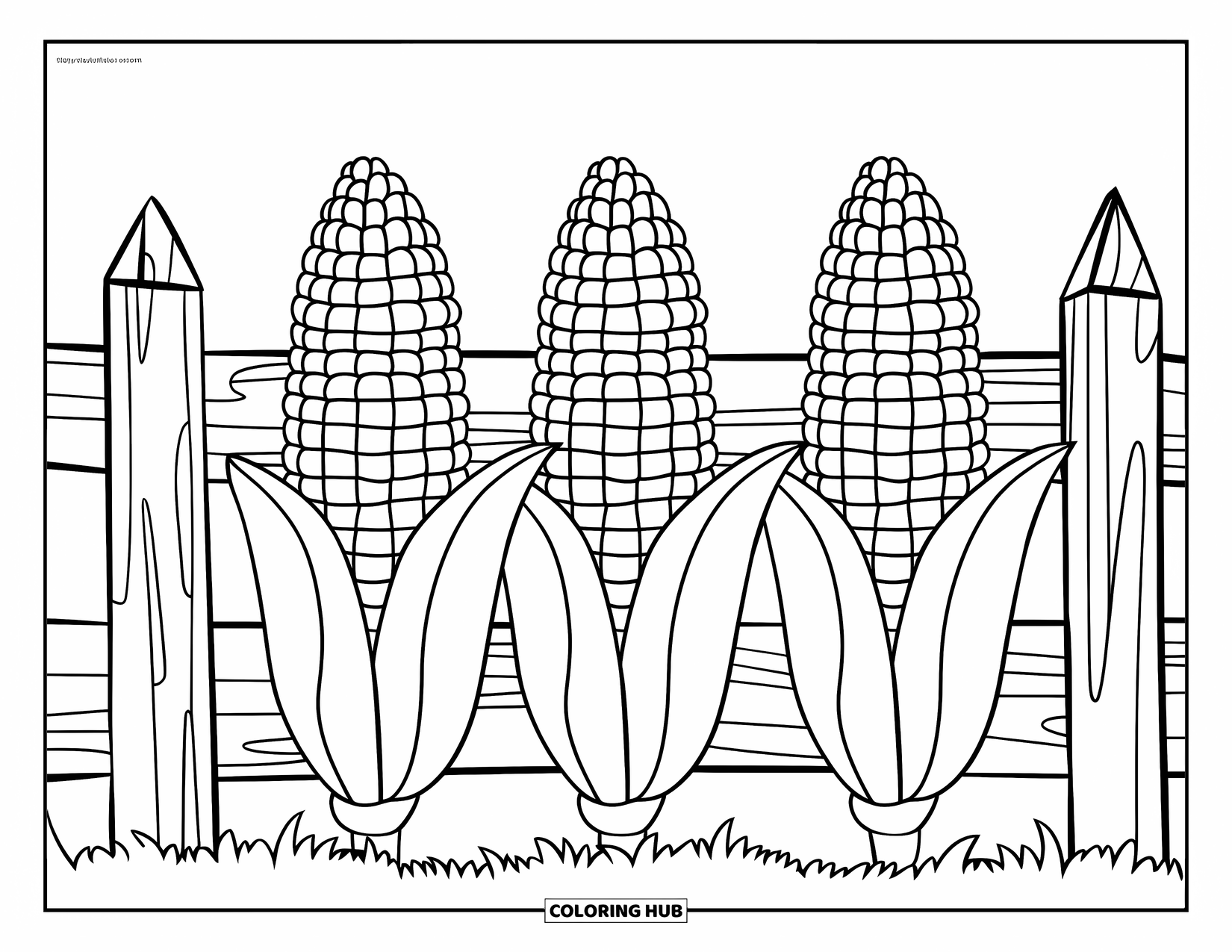 Corn Coloring Page for Kids: Three corn cobs sit neatly by a rustic fence in a calm, open field