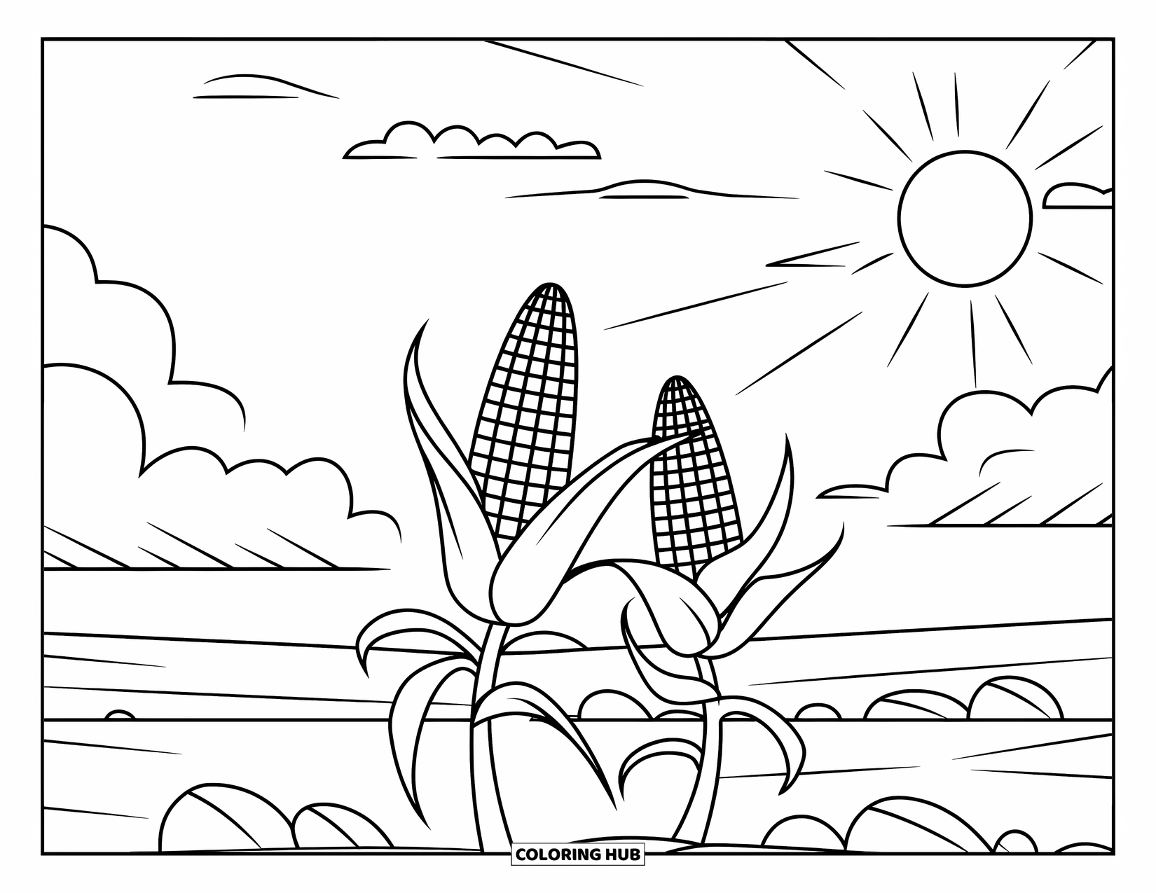 Corn Coloring Page for Kids: Two waving corn stalks rest under the sun with big clouds and a flat field