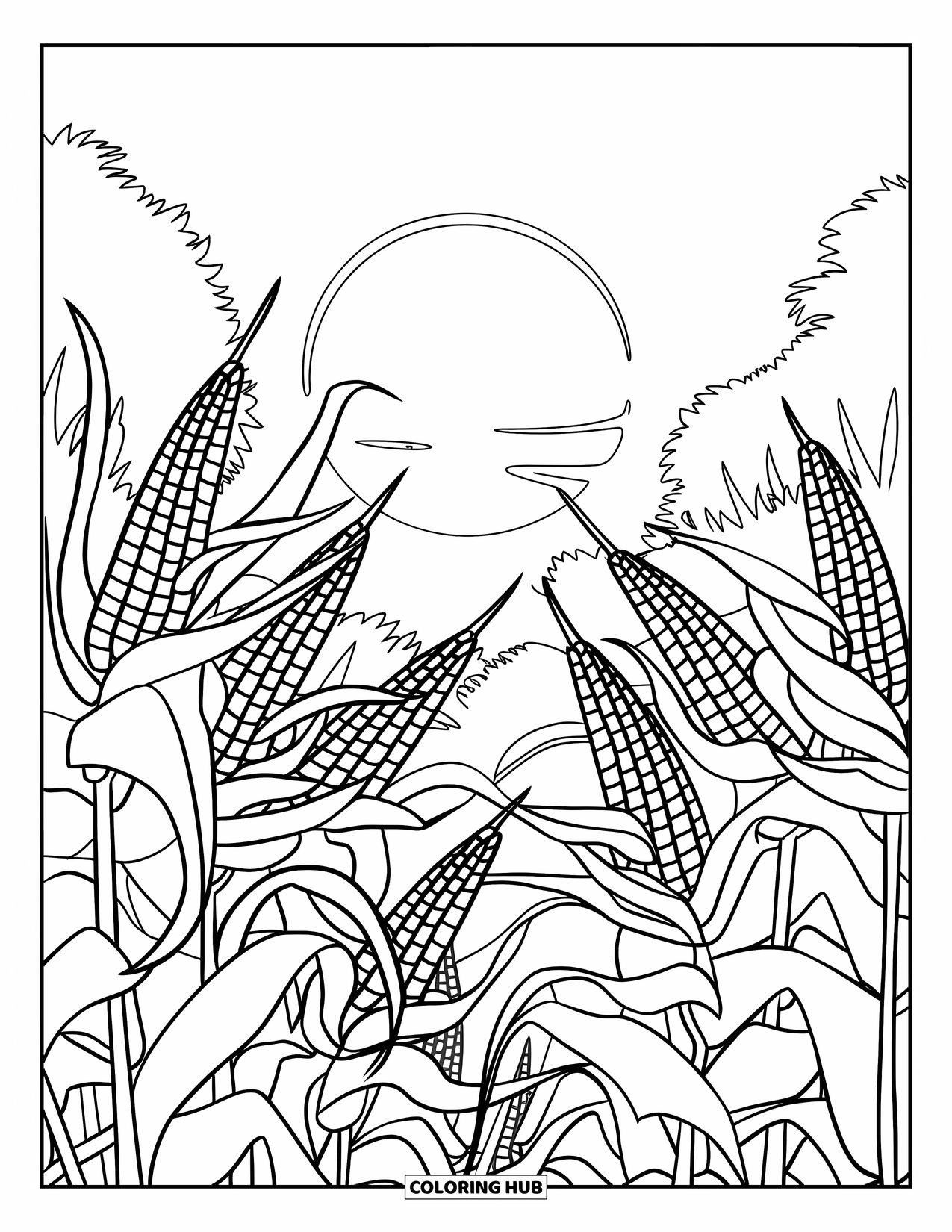 Corn Coloring Page for Kids: Wavy corn stalks reach toward the sky as the sun sets behind the trees