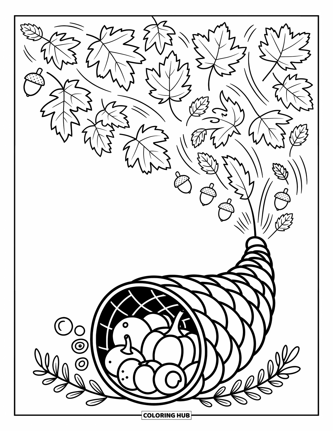 Cornucopia Coloring Page for Adults: A cornucopia anchors the page with swirling autumn leaves and playful acorns